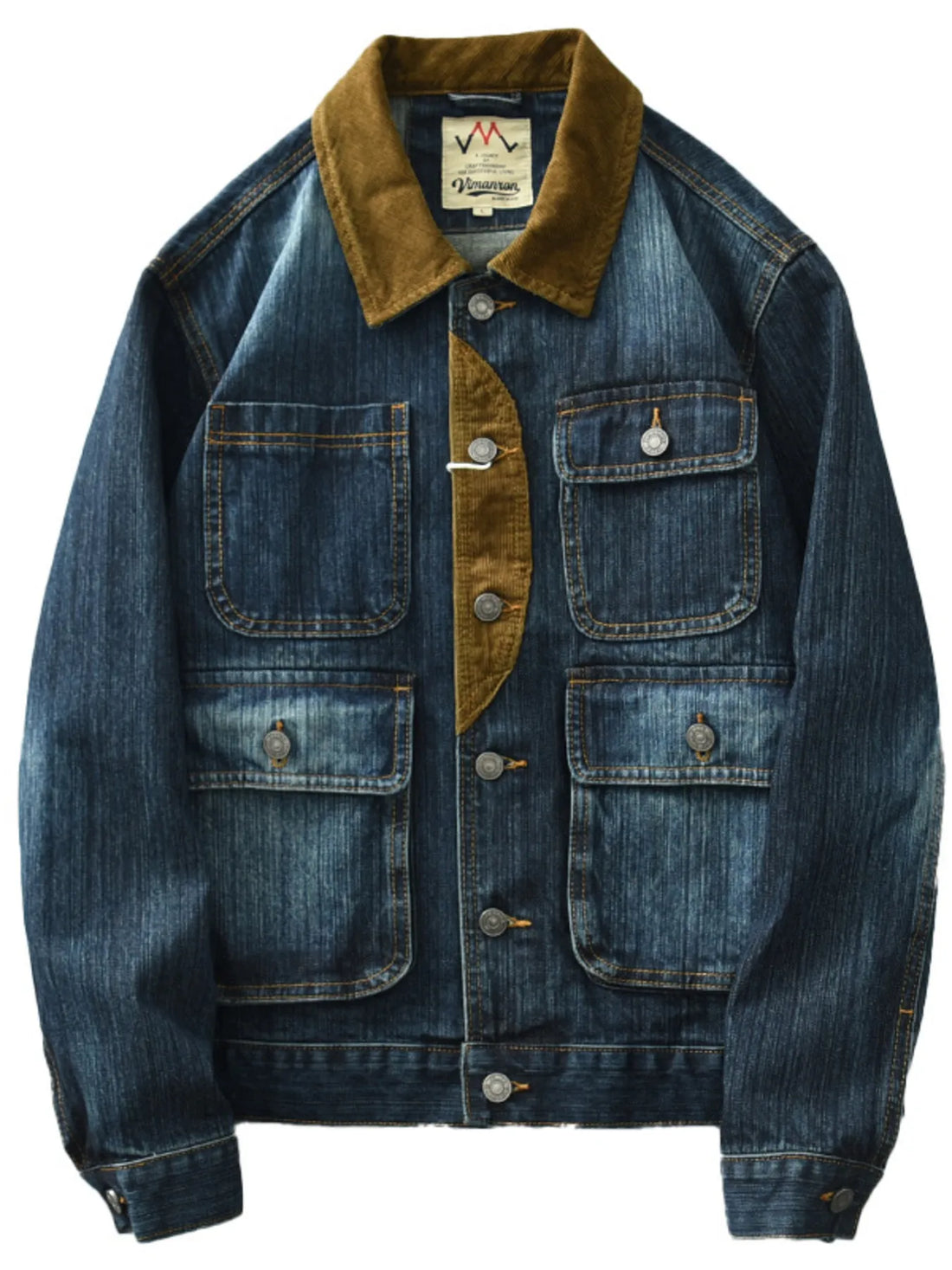 Men’s streetwear denim jacket with four front pockets and brown corduroy collar