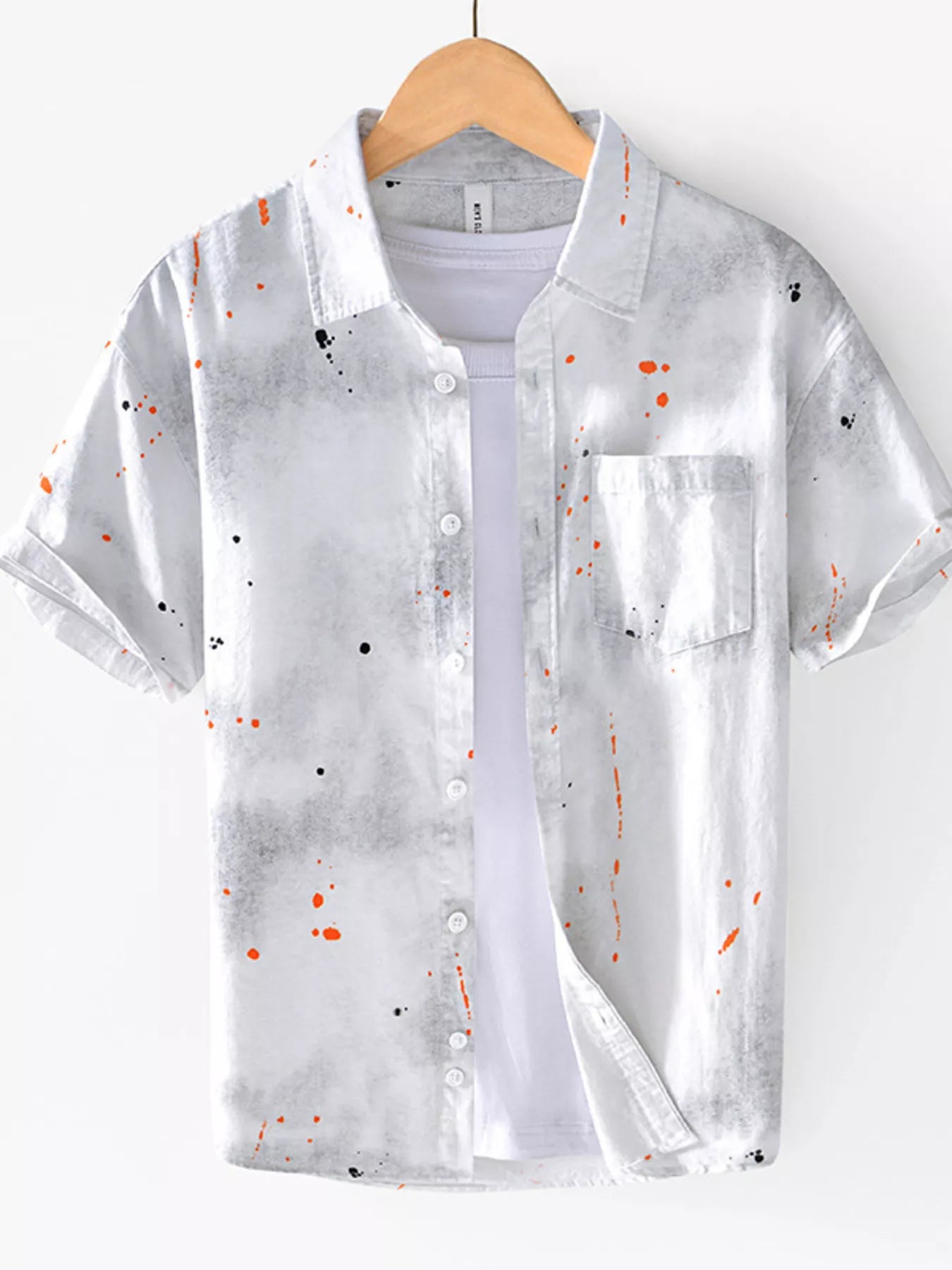 Men's plus size short sleeve streetwear shirt with orange and black paint splatter design