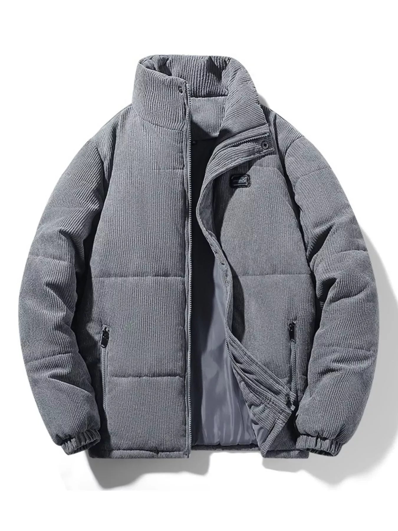 Gray corduroy puffer jacket for men, urban streetwear, plus size fashion