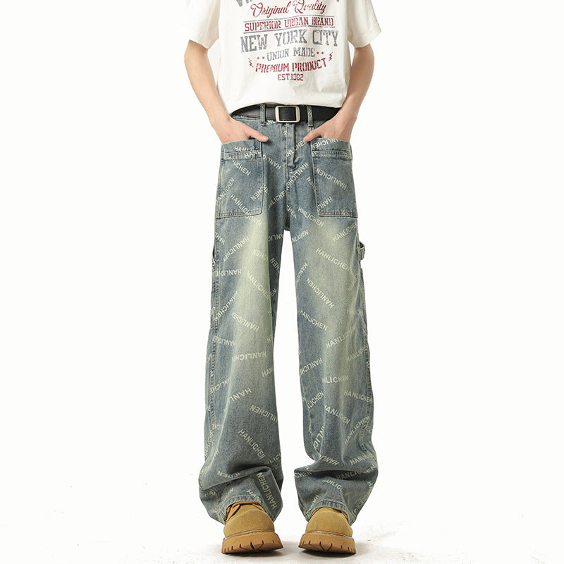 Jean Droit Homme Coupe Ample Style Rétro Imprimé