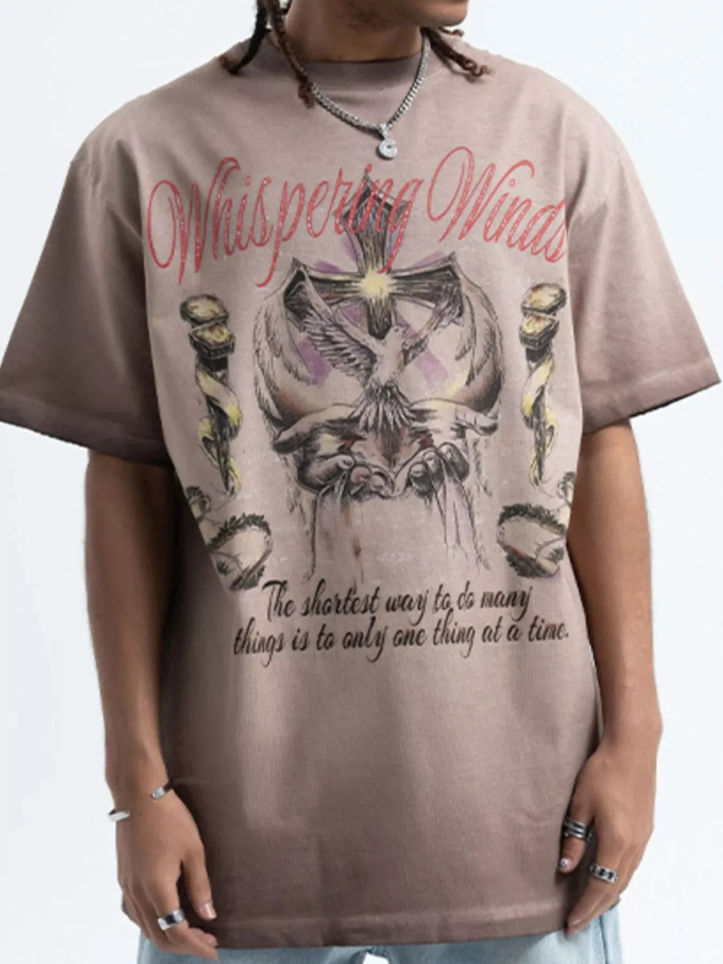 Oversized streetwear t-shirt for men with Whispering Winds graphic and artistic design.
