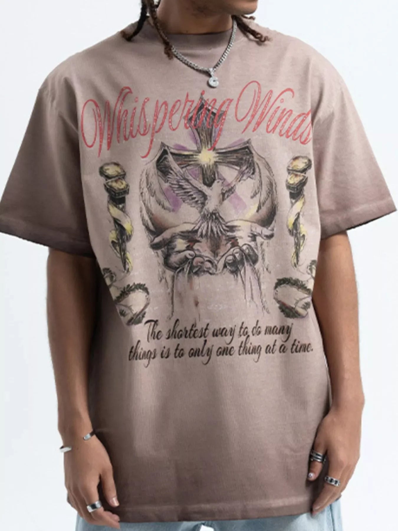 Oversized streetwear t-shirt for men with Whispering Winds graphic and artistic design.
