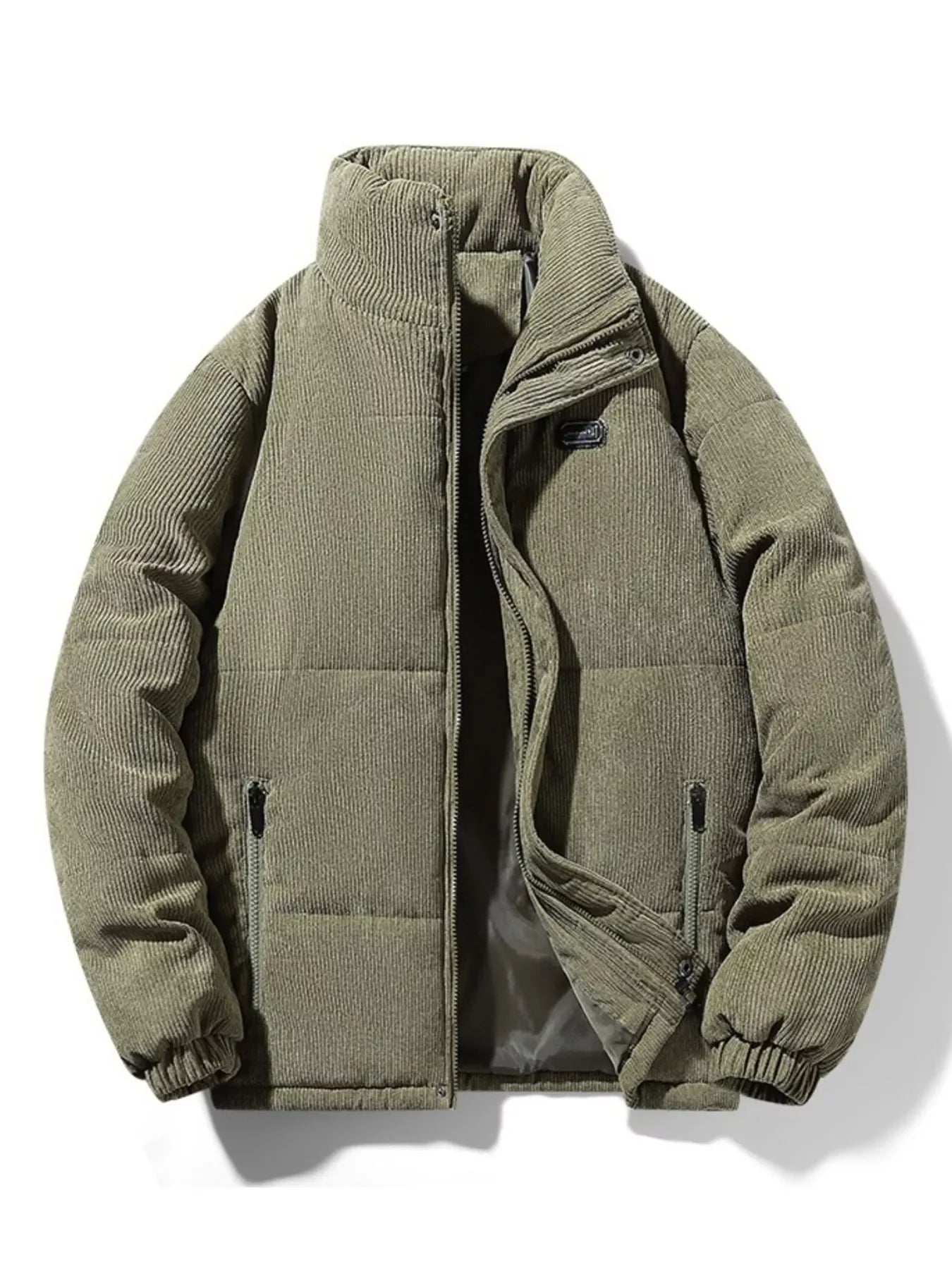 Khaki corduroy puffer jacket for men, plus size, streetwear style with zippered pockets