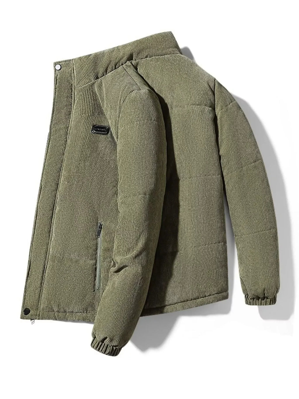 Olive green corduroy puffer jacket for men, urban streetwear style, plus size