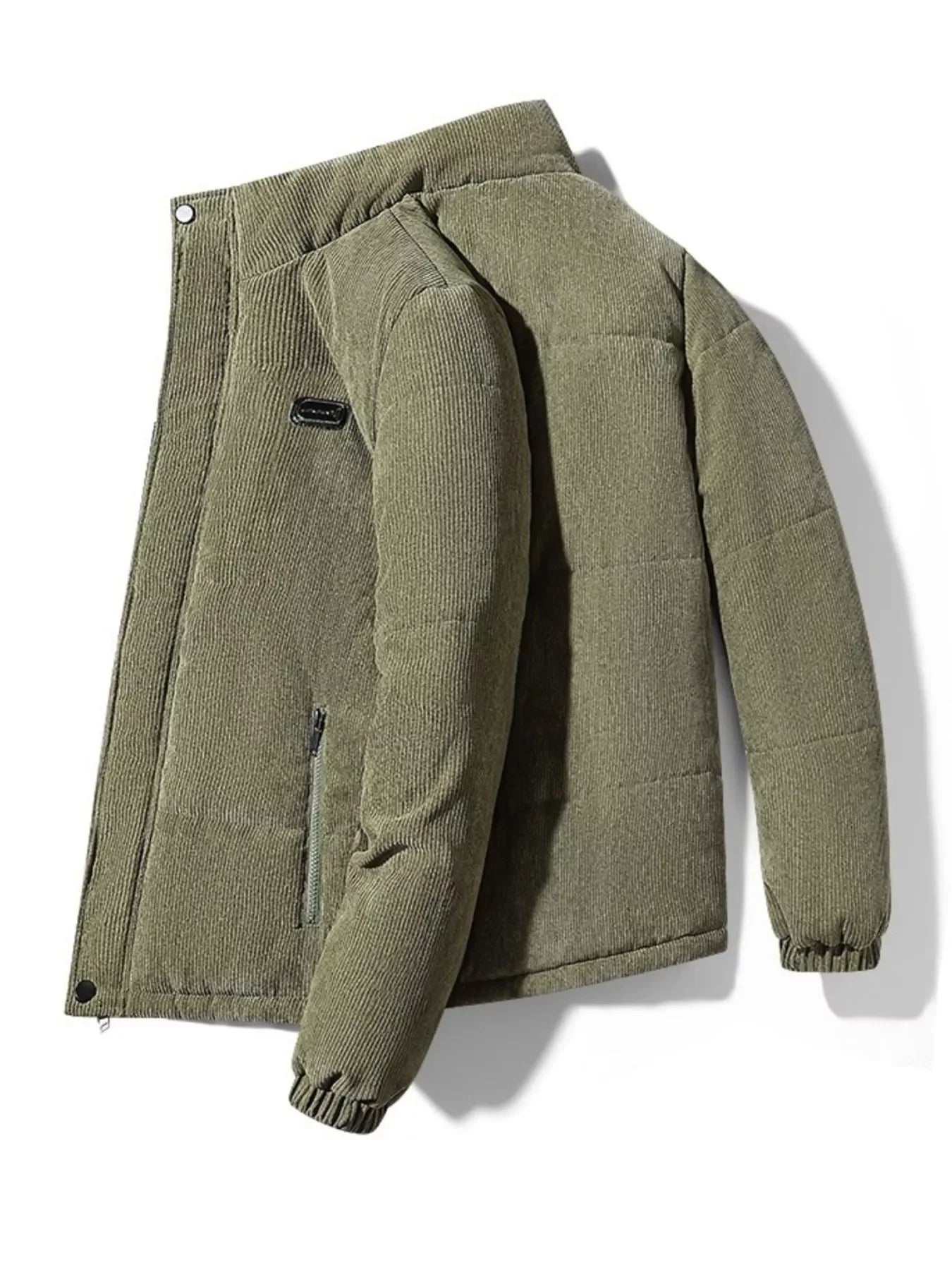 Olive green corduroy puffer jacket for men, urban streetwear style, plus size
