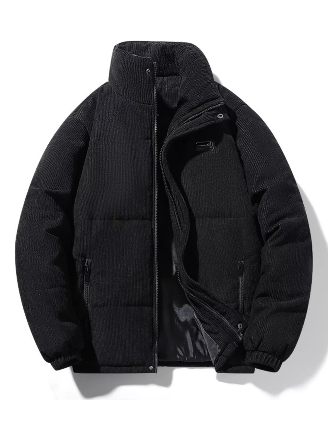 Men's black puffer jacket with zip-up front, urban streetwear, plus size