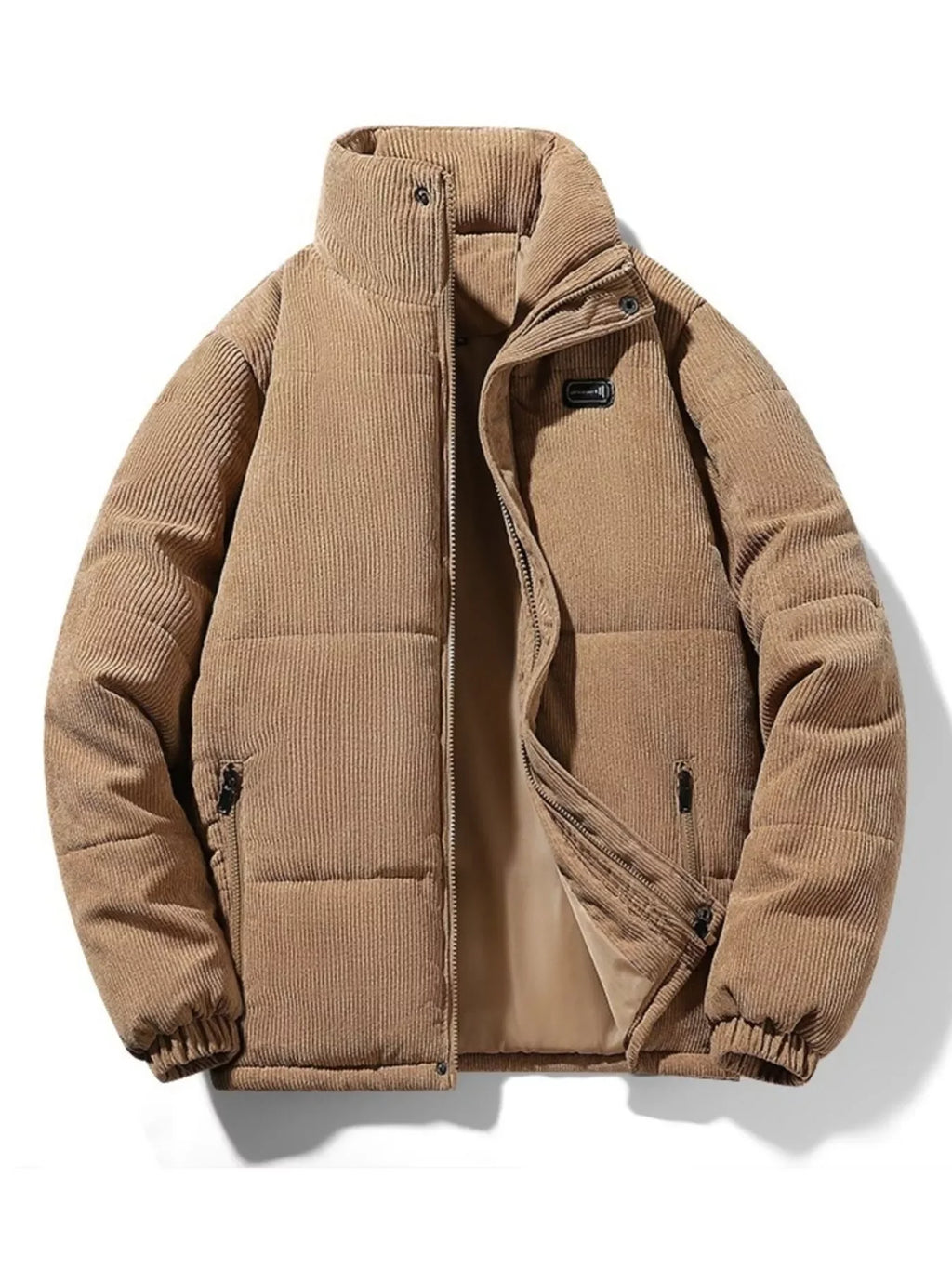 Beige corduroy puffer jacket for men, plus size, zip front, urban streetwear style.