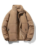 Beige corduroy puffer jacket for men, plus size, zip front, urban streetwear style.