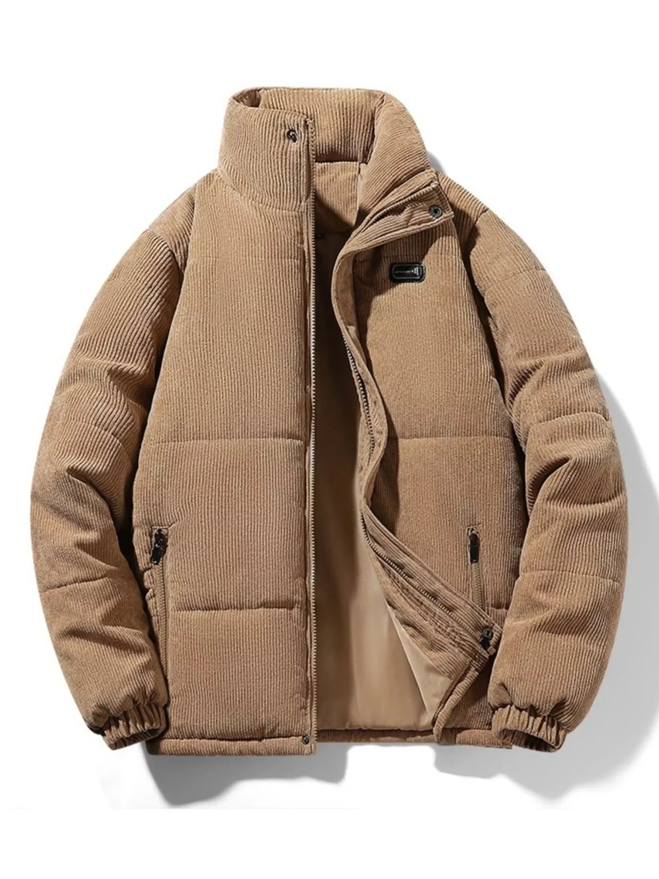 Beige corduroy puffer jacket for men, plus size, zip front, urban streetwear style.