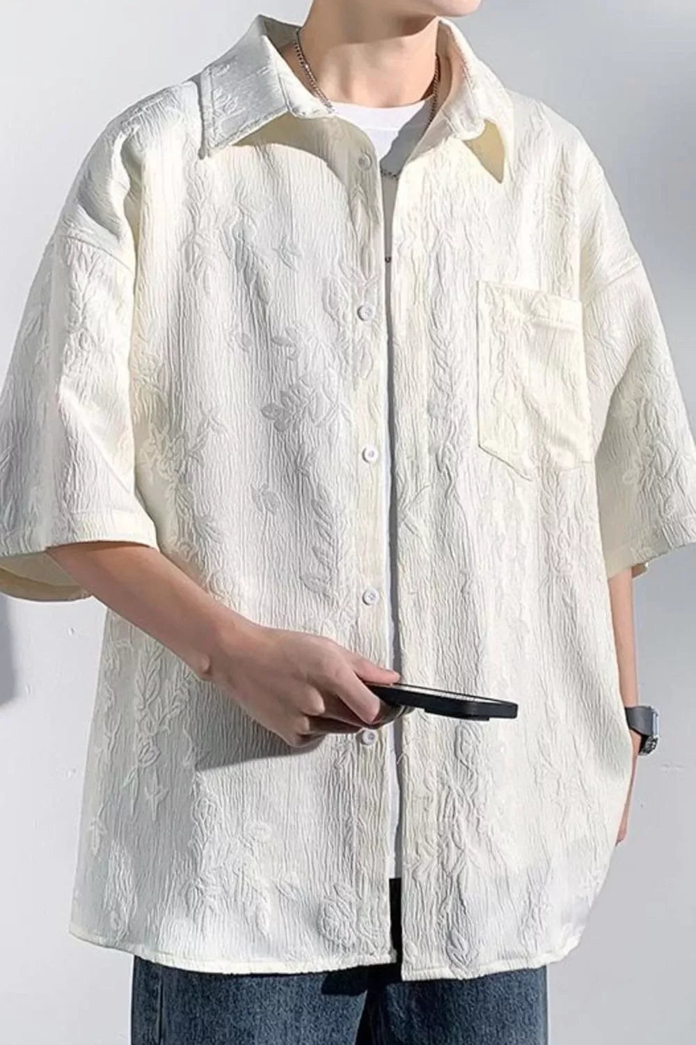 Oversized white textured short sleeve shirt for men, streetwear style, plus size fashion