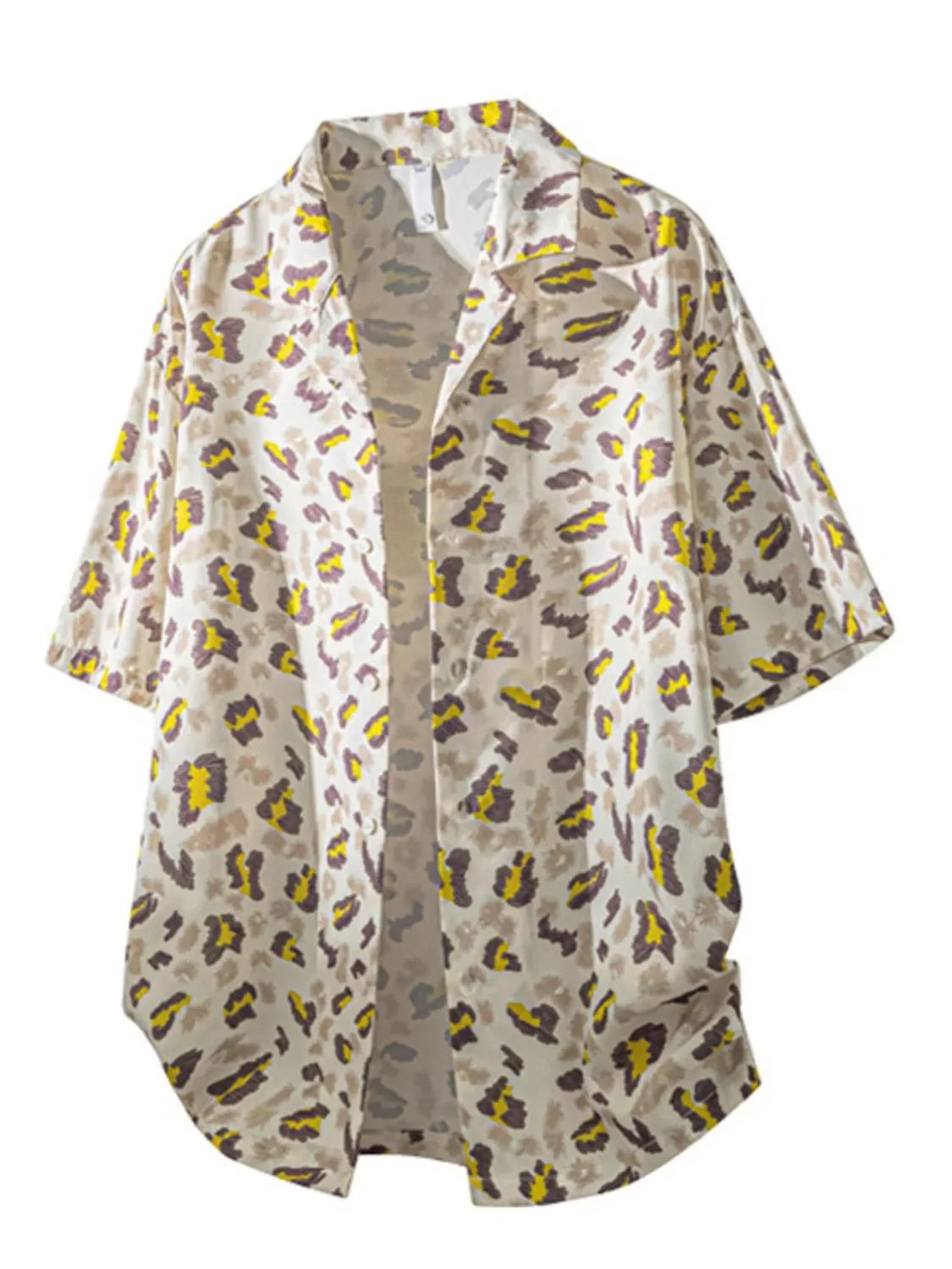 Loose fit short sleeve shirt with beige, brown and yellow streetwear print, men's plus size