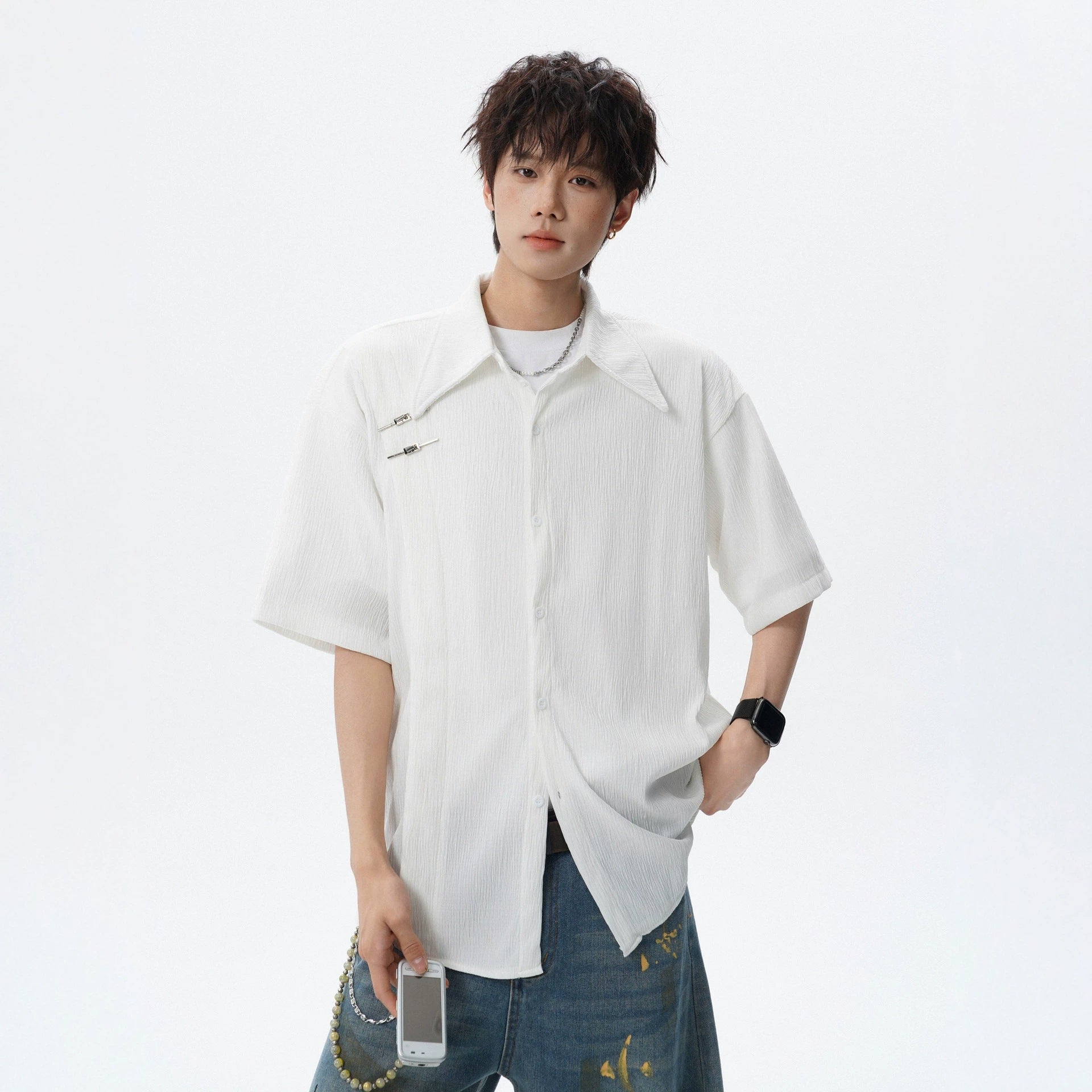 Textured Solid Color Short Sleeve Shirt