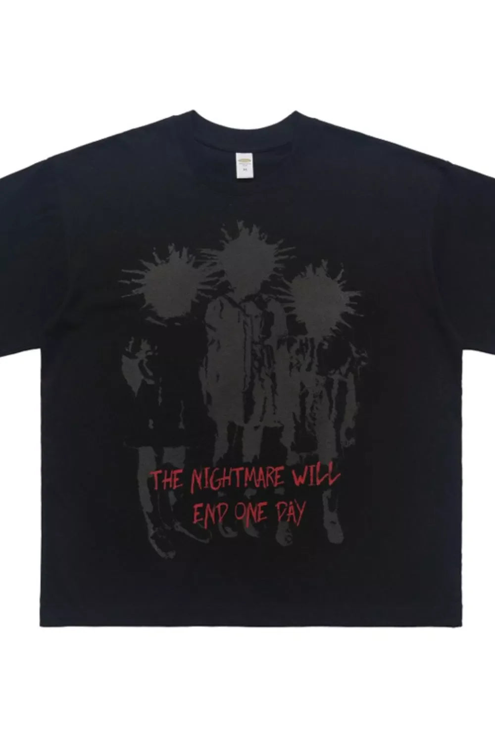 Black streetwear graphic t-shirt with abstract figures and 'The Nightmare Will End One Day' text.