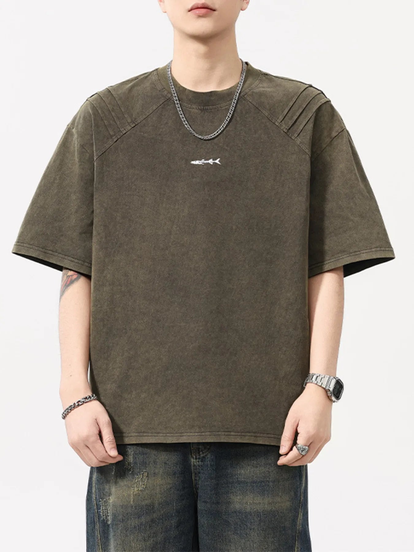 Oversized faded khaki streetwear t-shirt for men with subtle graphic and relaxed fit