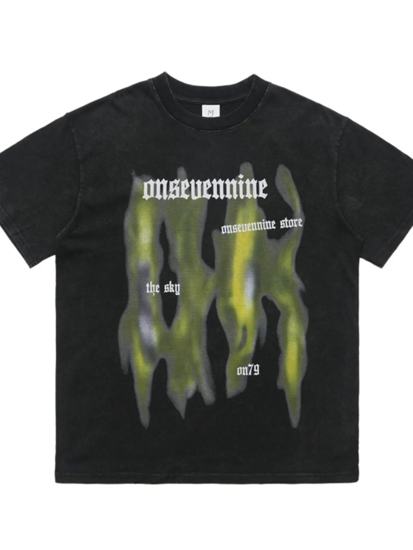 Black streetwear t-shirt with white gothic text and green graphic flame design, men's plus size fashion.