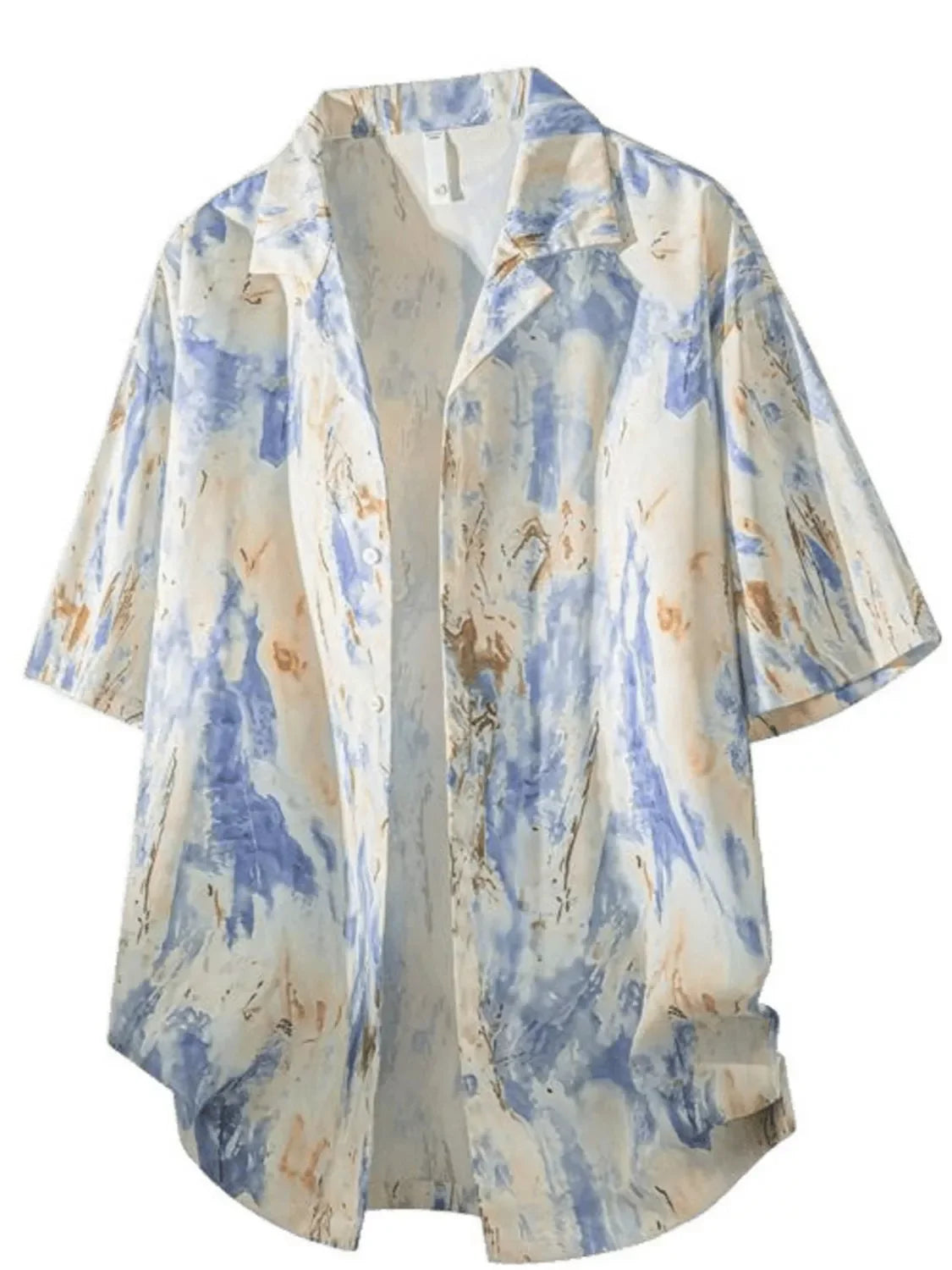 Men’s oversized streetwear shirt with blue and beige abstract print, short sleeves