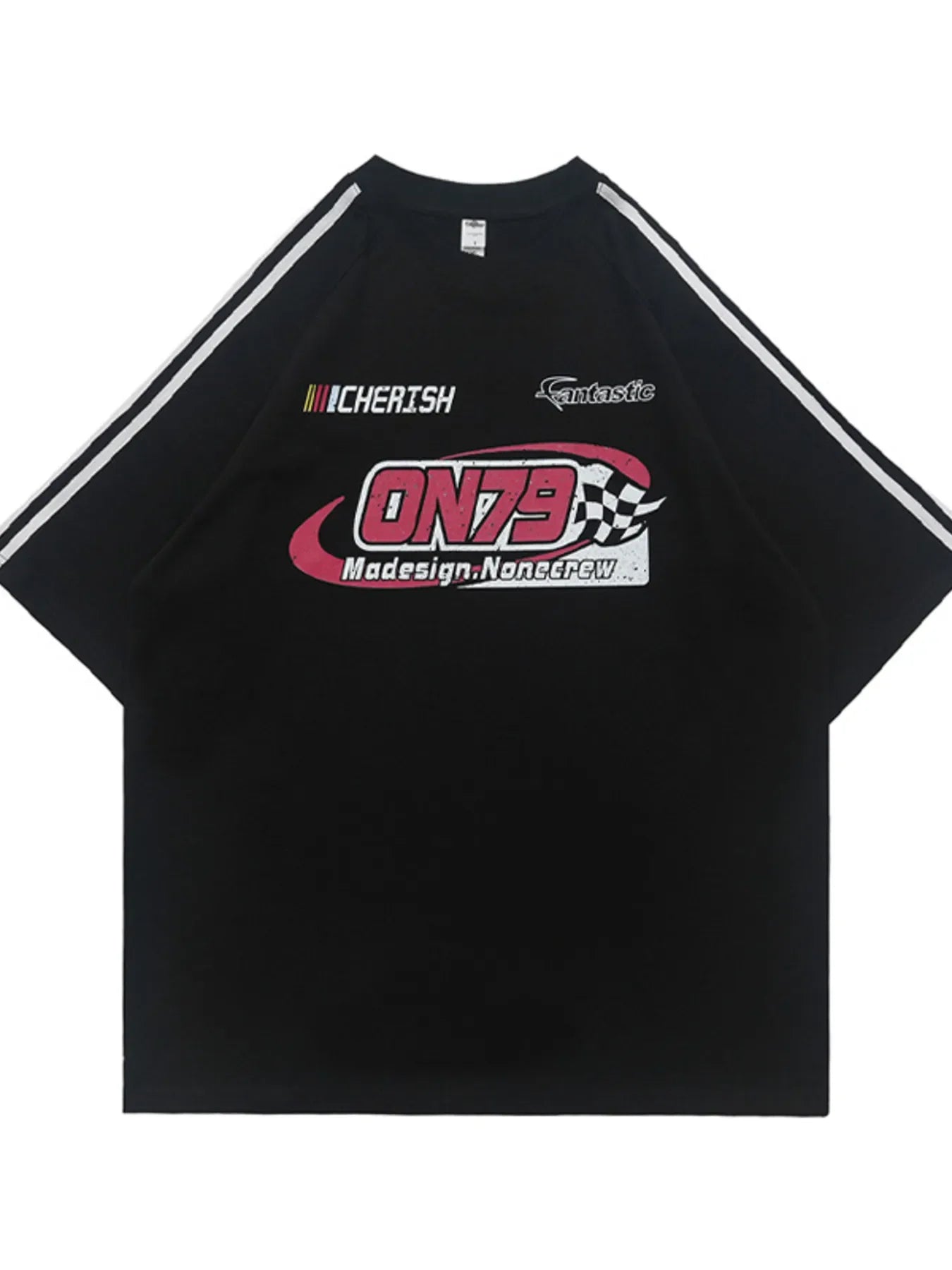 Black oversized streetwear t-shirt with bold graphic text, racing stripe sleeves, and checker flag design, men's plus size fashion.
