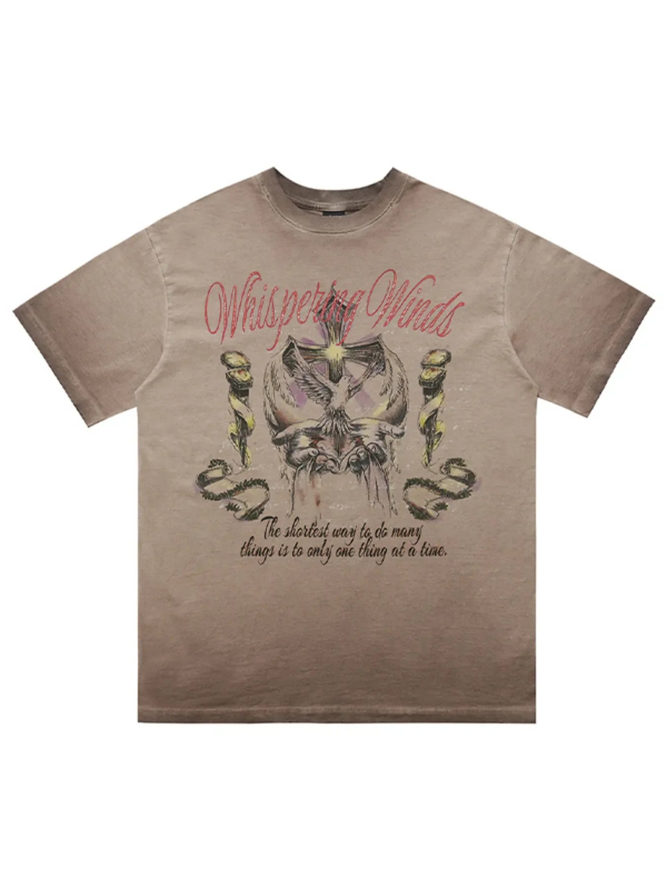 Men’s streetwear brown graphic t-shirt with owl, snakes, and 'Whispering Winds' print.