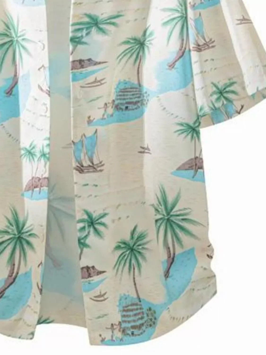 Men's streetwear shirt with tropical palm tree and beach hut print, relaxed fit