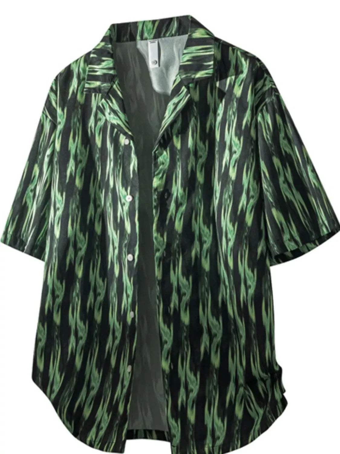 Men's oversized streetwear shirt with green flame pattern and short sleeves