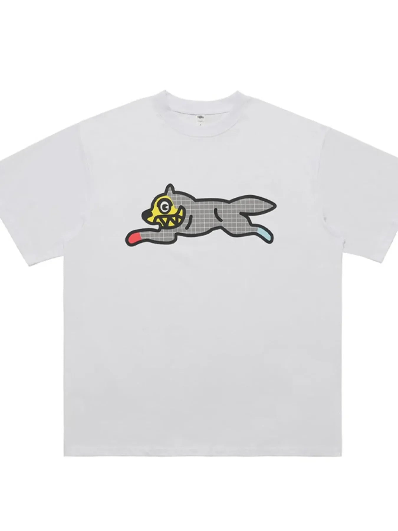 White streetwear t-shirt with graphic leaping cartoon dog, oversized fit, urban style.