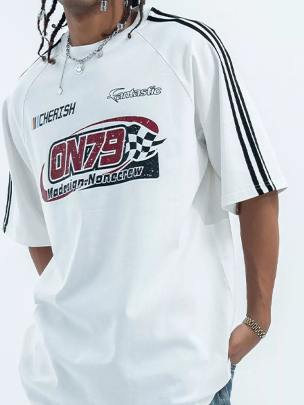 Oversized white streetwear t-shirt with racing graphic, black stripes on sleeves, men's fashion