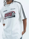 Oversized white streetwear t-shirt with racing graphic, black stripes on sleeves, men's fashion