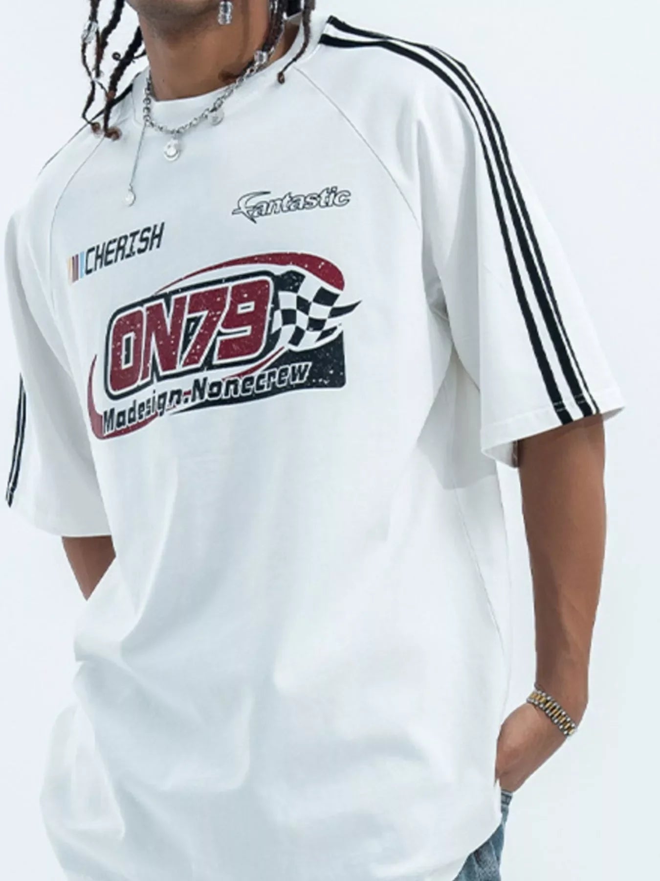 Oversized white streetwear t-shirt with racing graphic, black stripes on sleeves, men's fashion