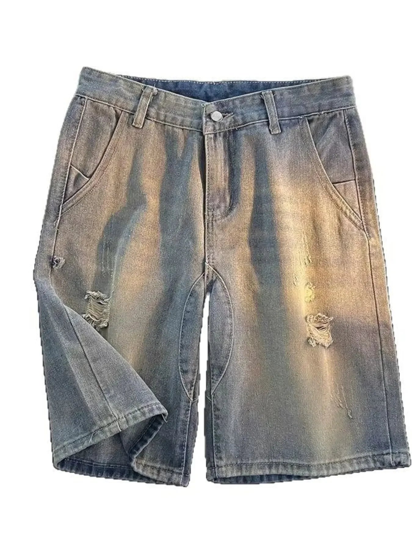Men's plus size distressed denim shorts in a light blue wash, streetwear style