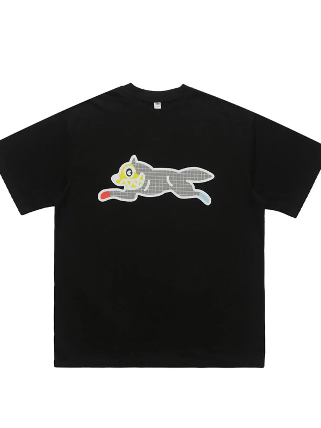 Black oversized streetwear t-shirt with graphic running wolf design for men