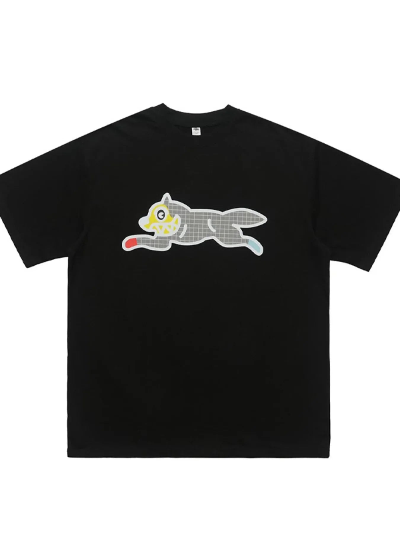 Black oversized streetwear t-shirt with graphic running wolf design for men