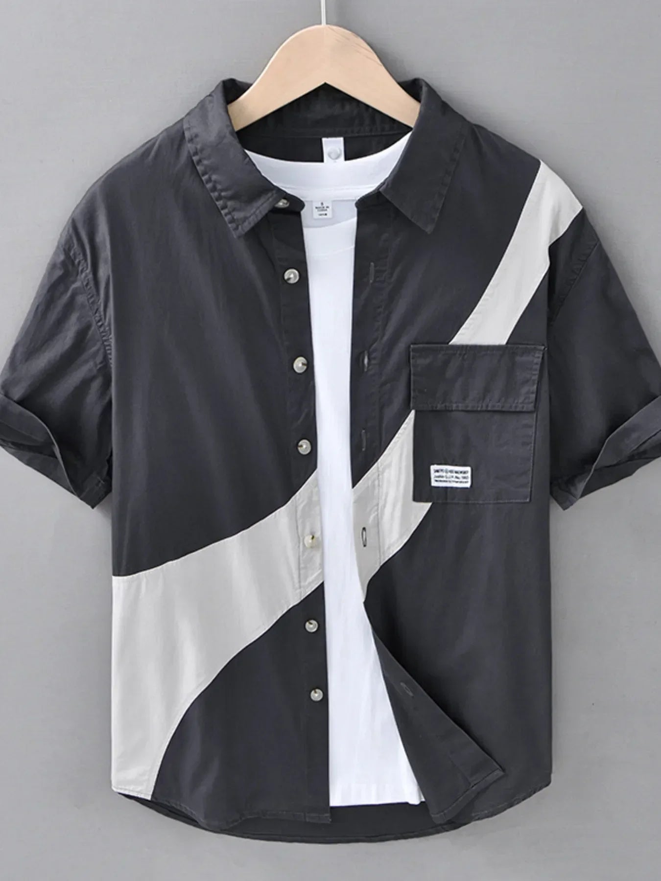 Men's short sleeve black and gray colorblock streetwear shirt with front pocket