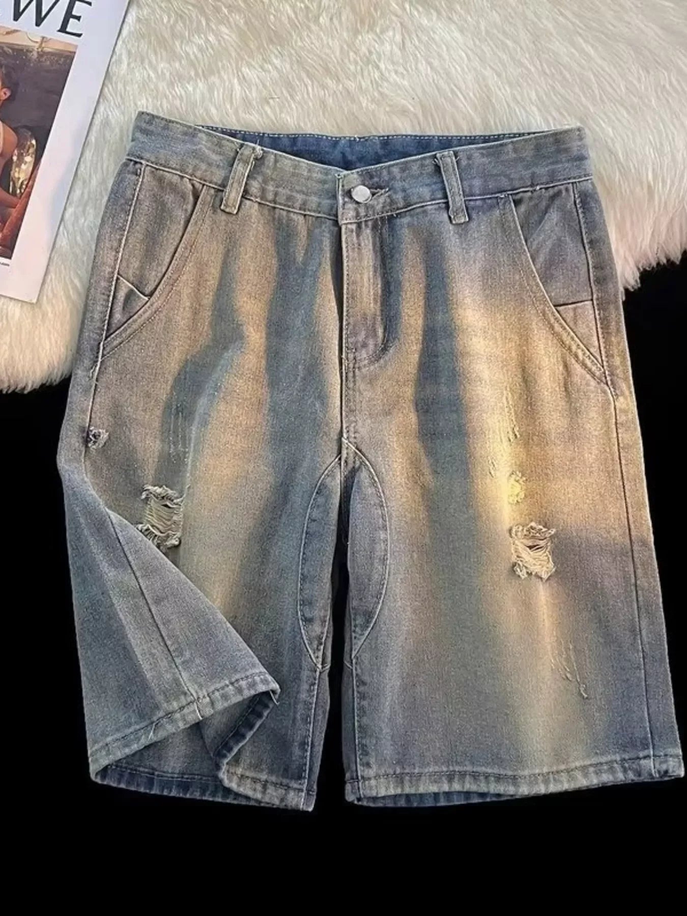 Men's plus size distressed denim shorts, light blue, urban streetwear style