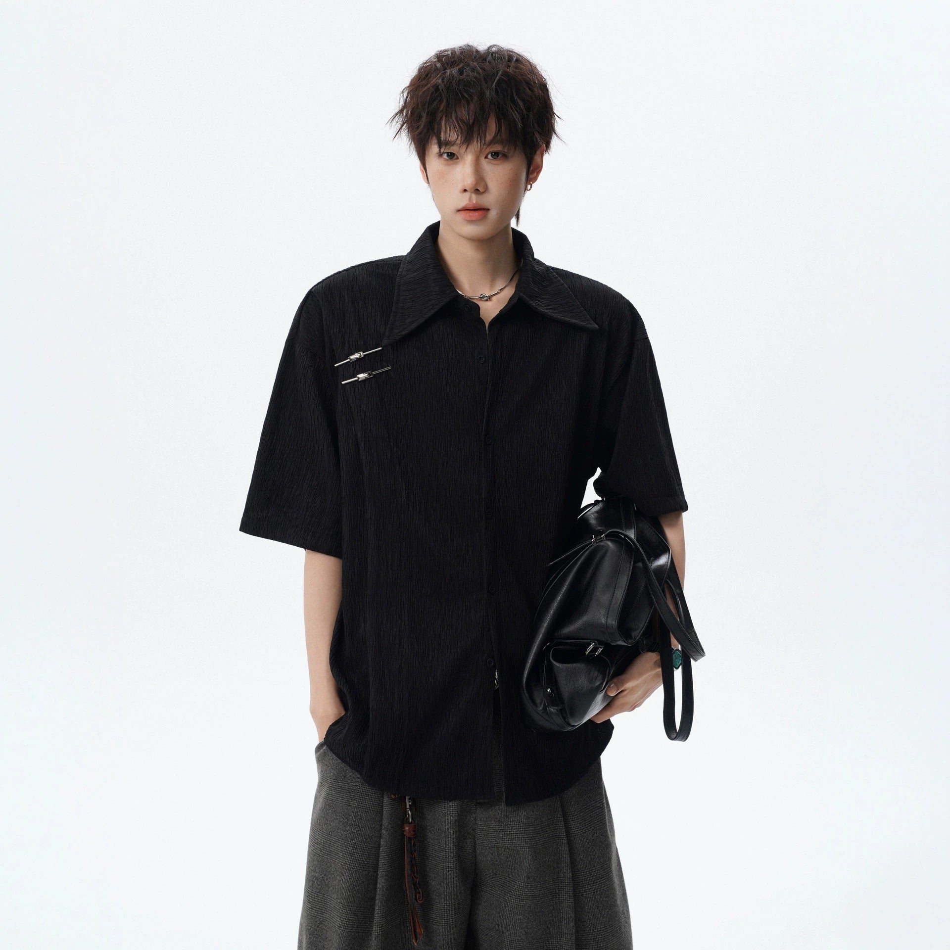 Textured Solid Color Short Sleeve Shirt