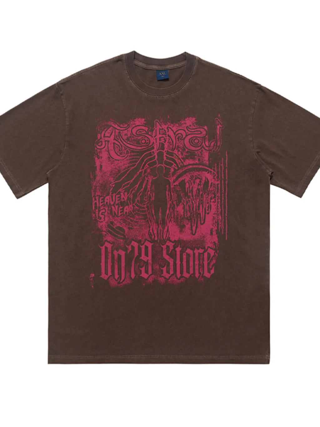 Brown oversized streetwear t-shirt with bold pink graphic and text, men's plus size fashion