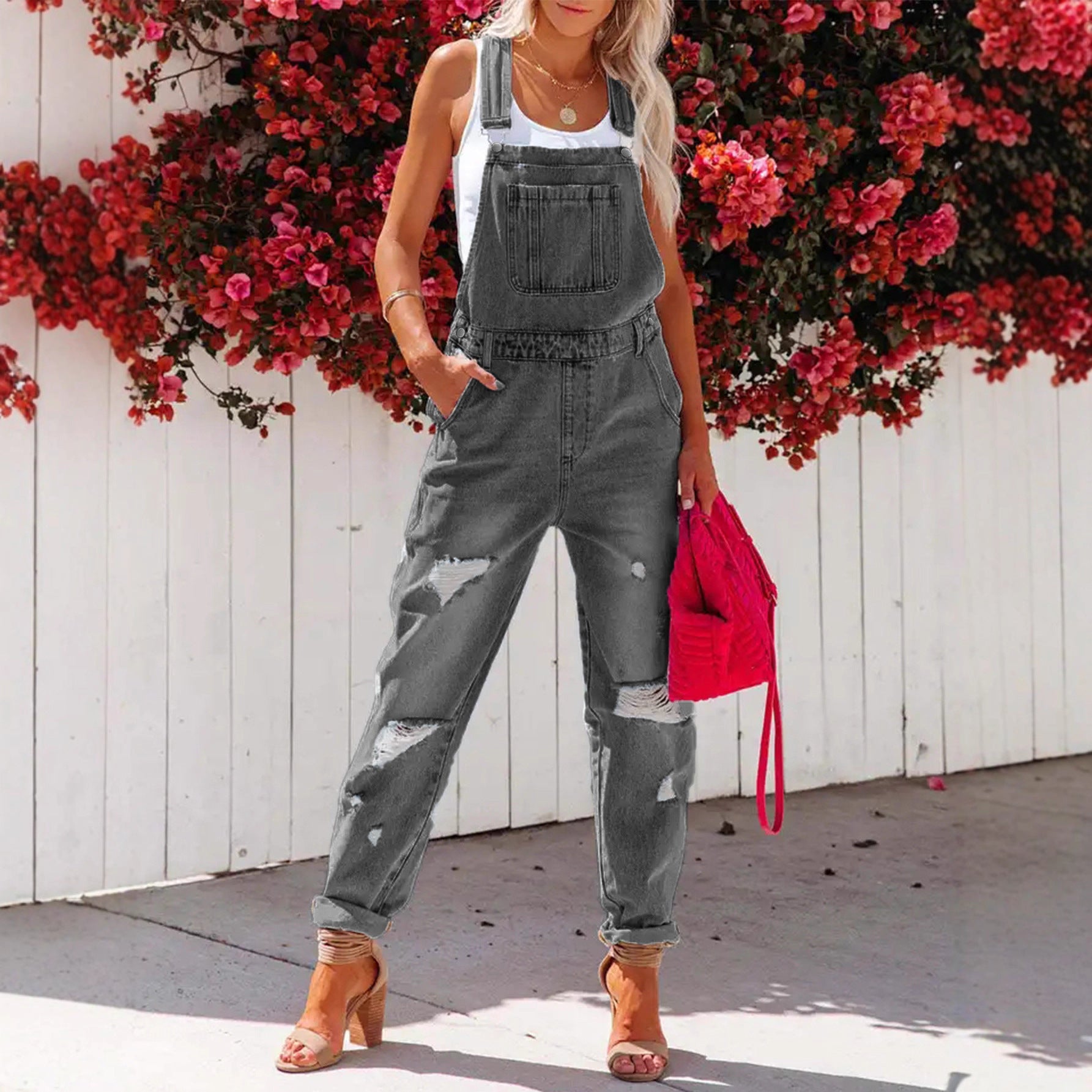 Salopette Jean Courte Femme À Déchirures Style Streetwear