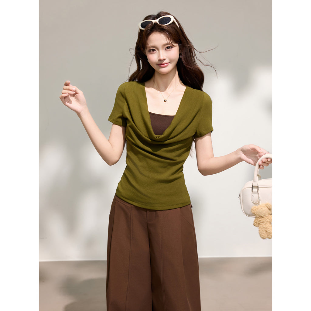 False Two-Piece Drape Neck Short Sleeve T-Shirt