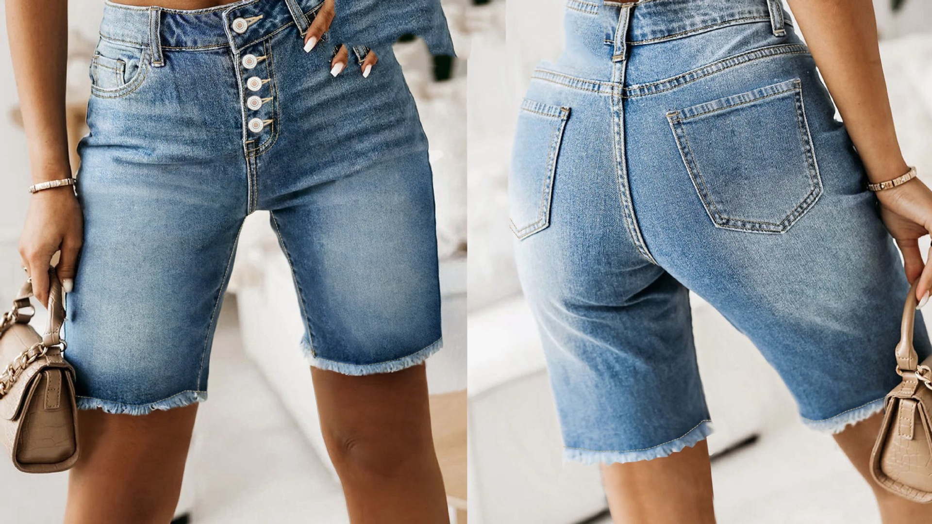 Short Jean Mi-Long À Ourlet Effiloché Effet Distressed