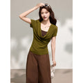 False Two-Piece Drape Neck Short Sleeve T-Shirt