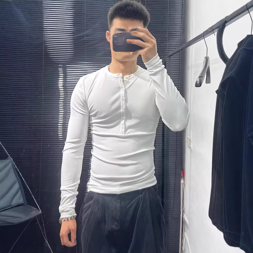 Chemise Henley Manches Longues Slim Fit — Style Coréen Homme