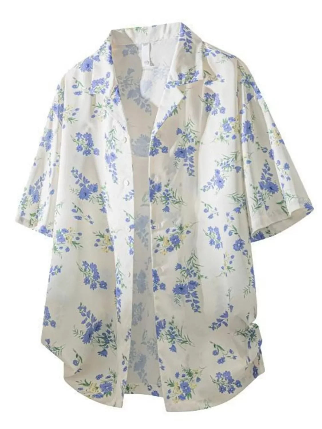White short-sleeve button-up shirt with blue floral print, relaxed fit, streetwear style