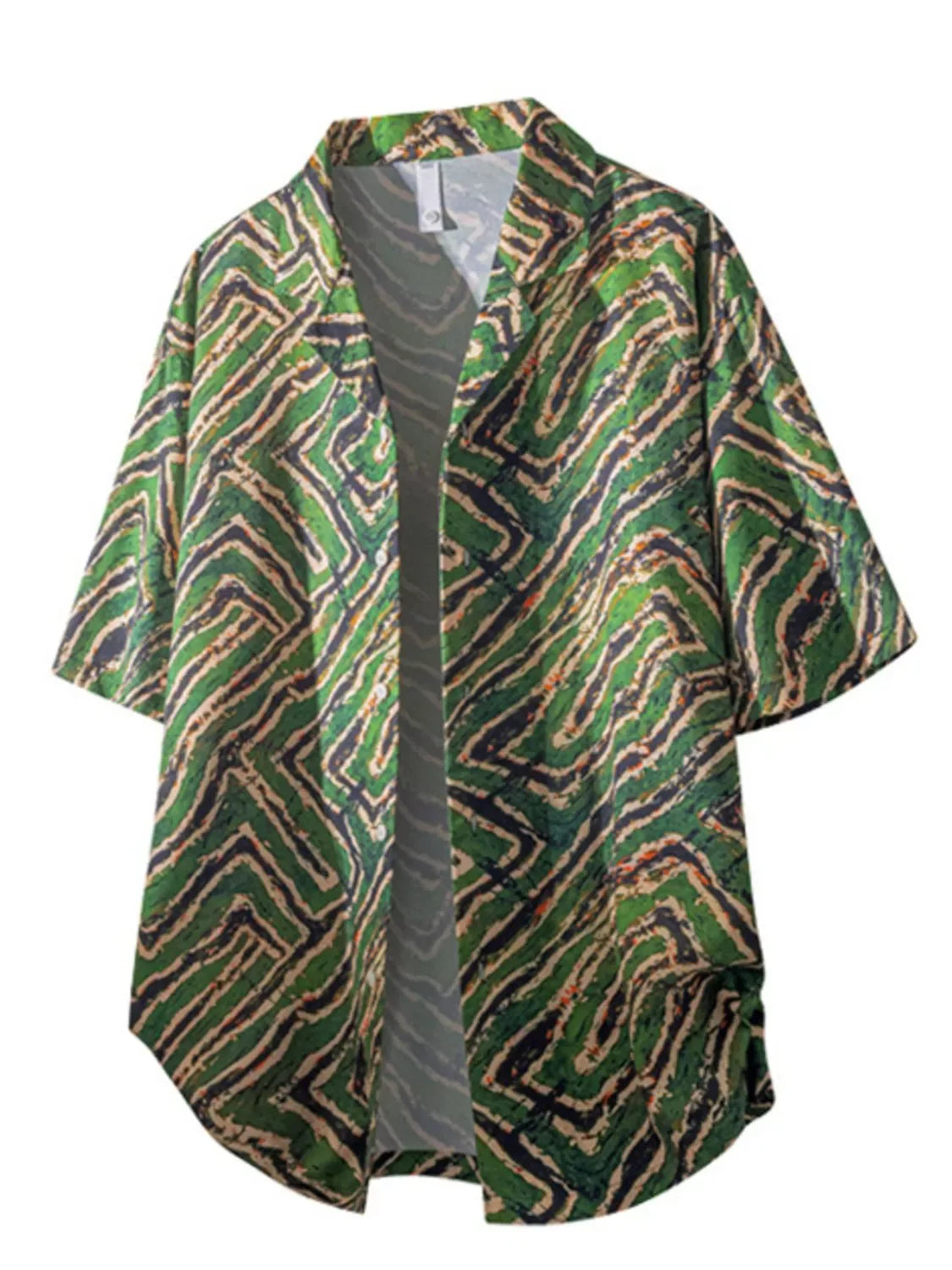 Men's plus size streetwear kimono shirt with green abstract geometric pattern