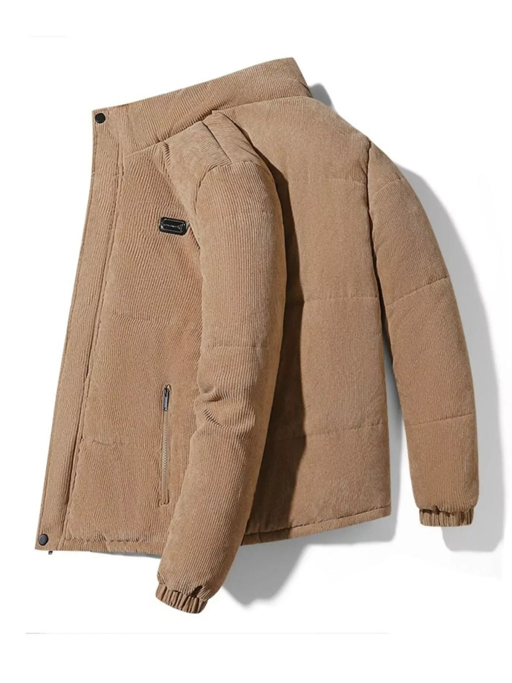 Men’s beige corduroy puffer jacket with front zip pocket and relaxed fit, urban streetwear