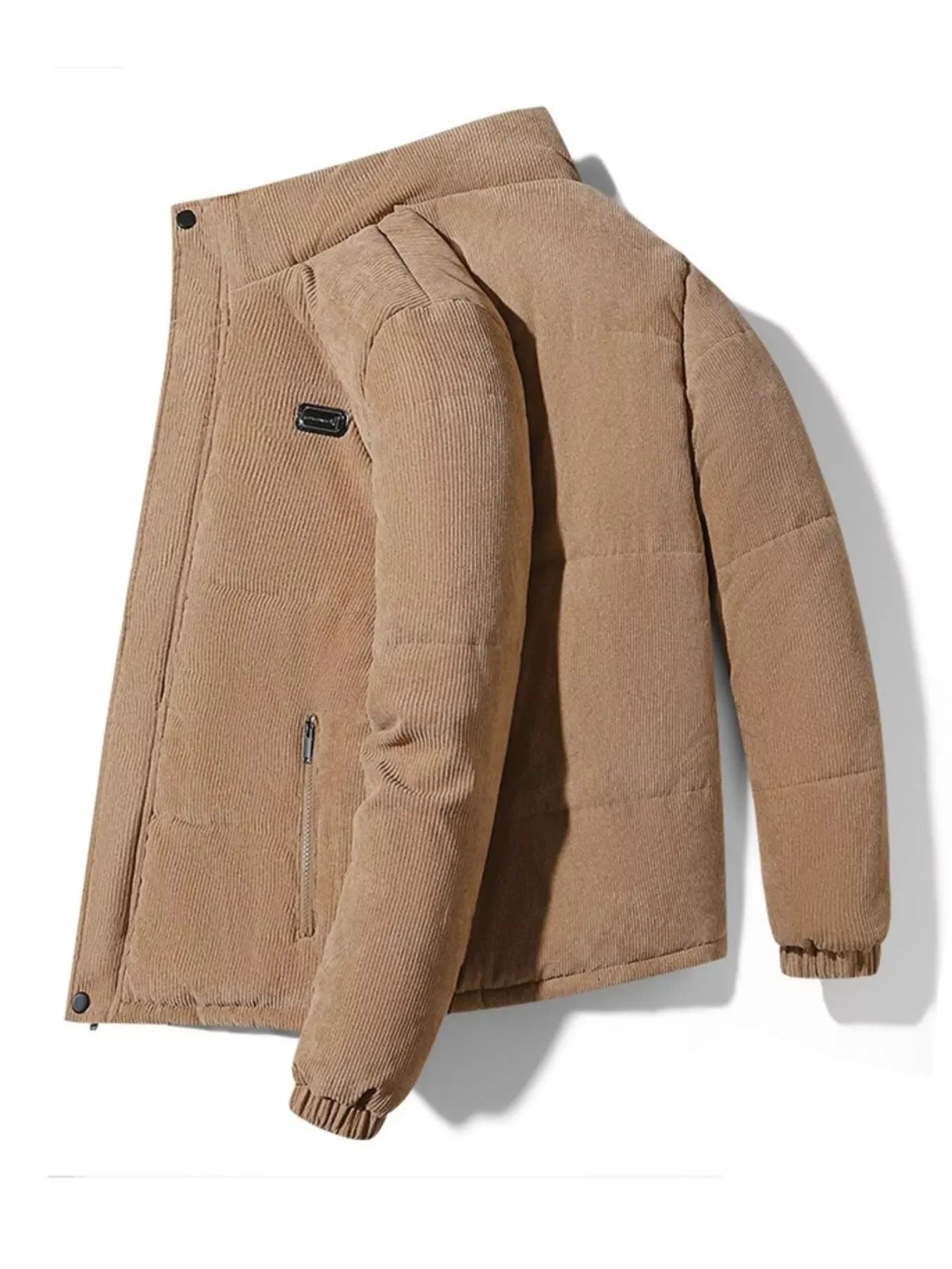 Men’s beige corduroy puffer jacket with front zip pocket and relaxed fit, urban streetwear