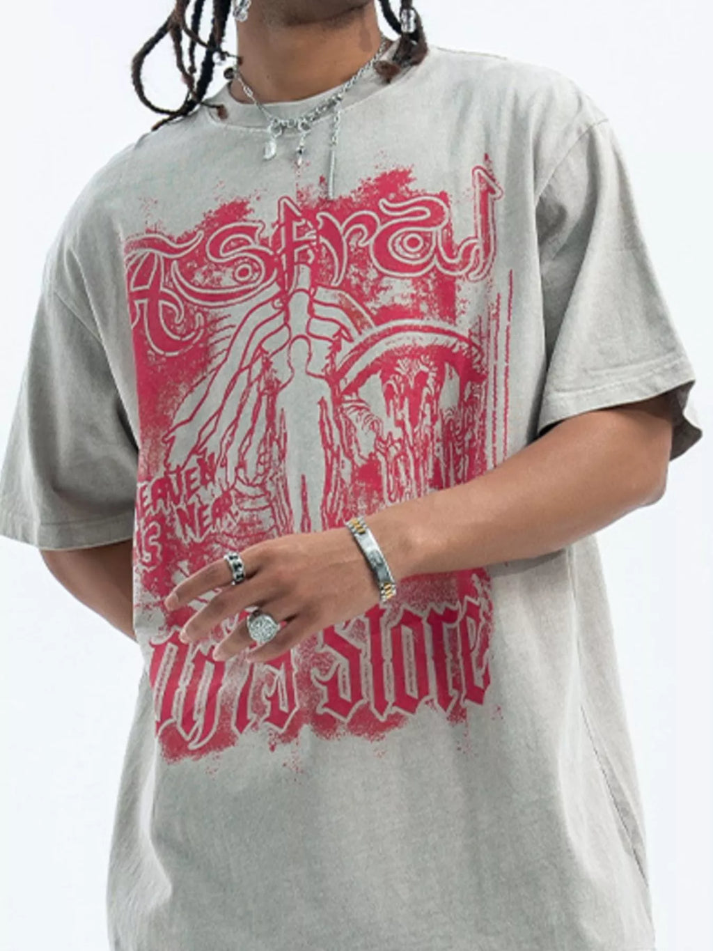 Oversized streetwear t-shirt for men with bold red graphic and text, urban casual style.