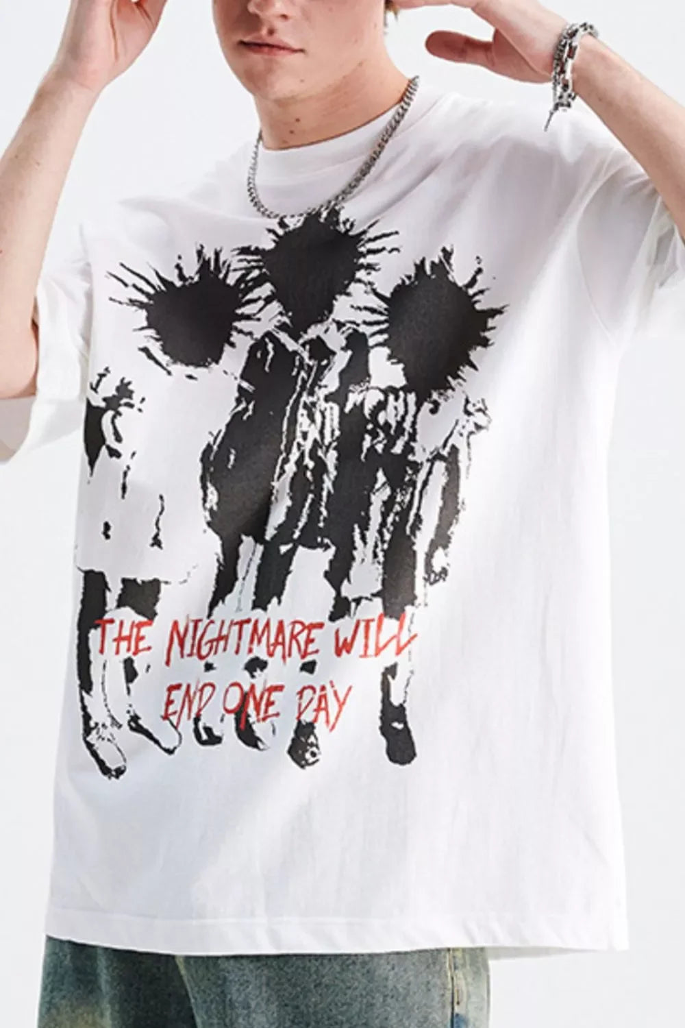 Oversized white streetwear t-shirt with black splatter graphic and red text, men's urban fashion