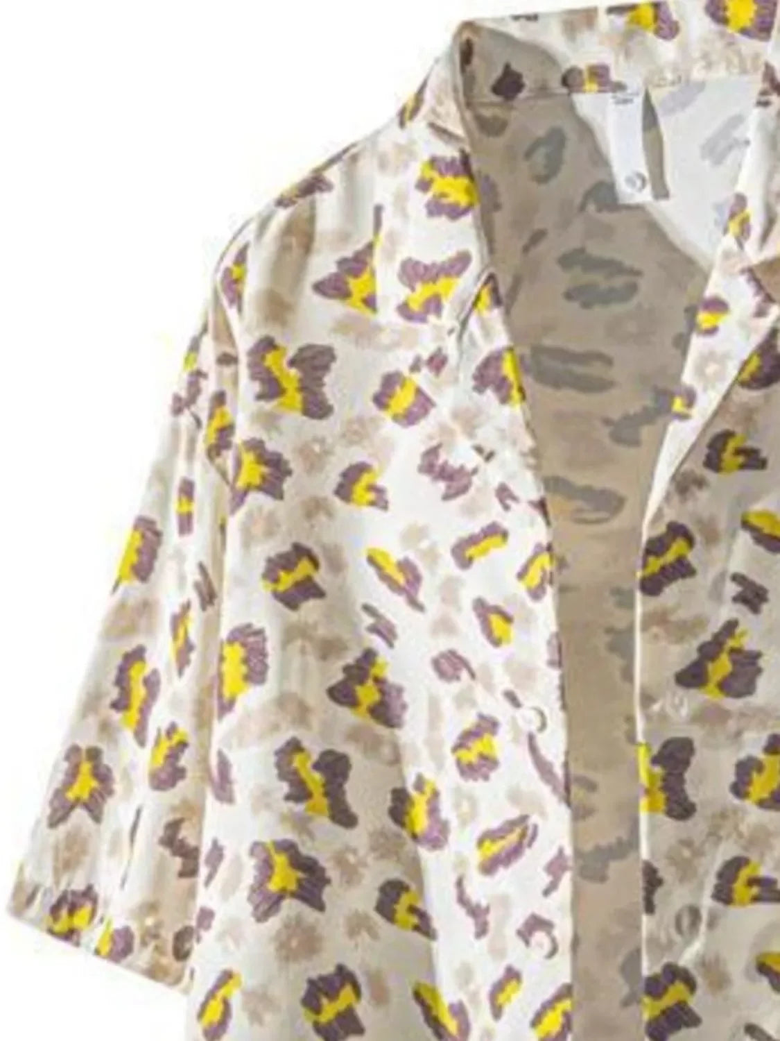 Men’s short sleeve shirt with yellow and purple abstract print, oversized streetwear style