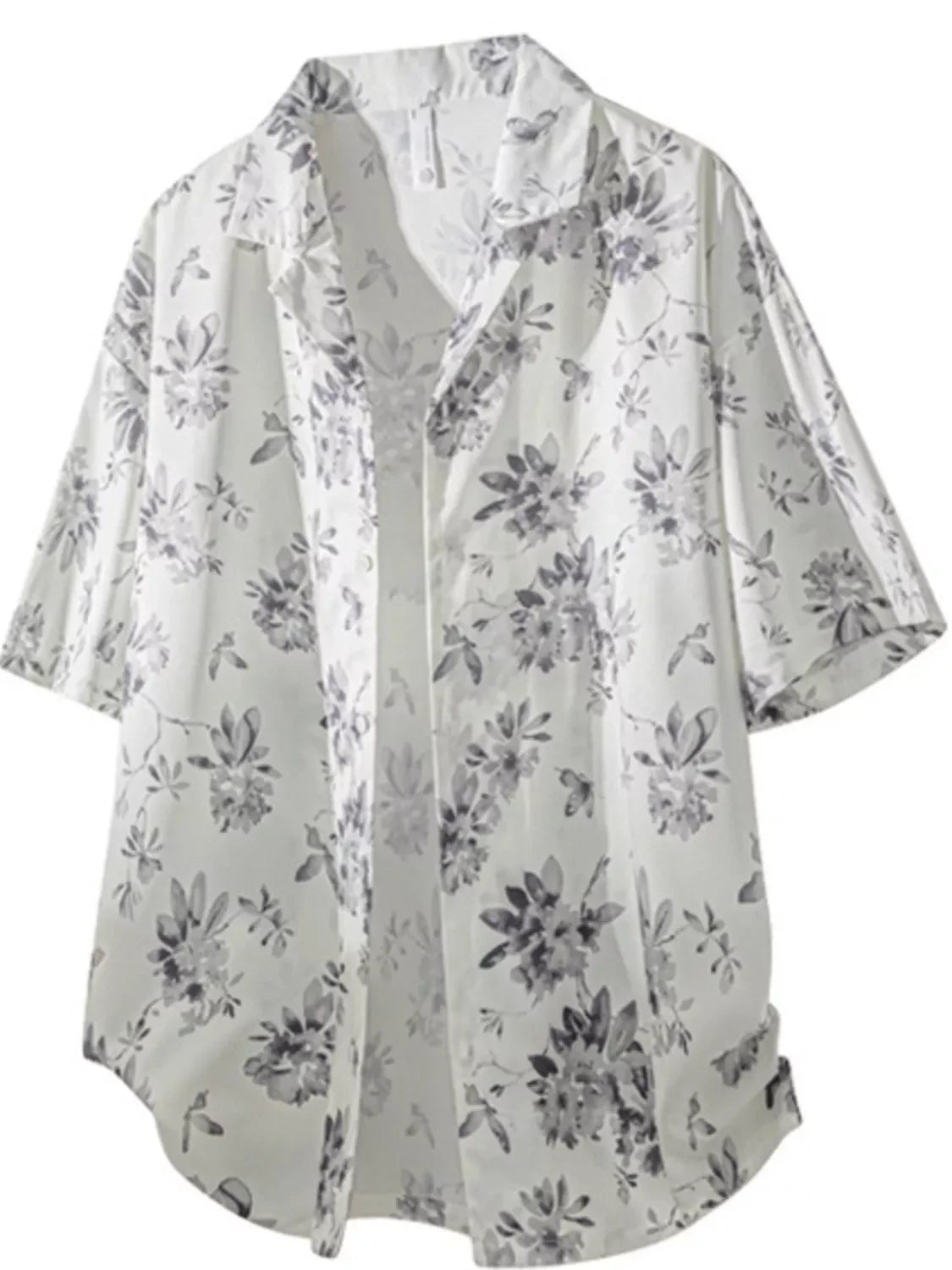 Men's plus size white floral short sleeve button-up shirt, streetwear style